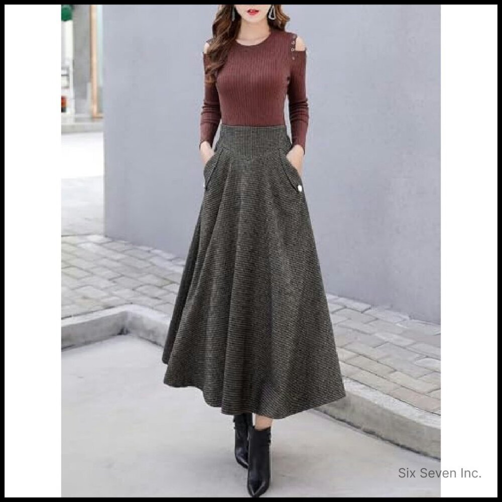 Wool Plaid Mini Skirt High Waisted Bodycon Pencil Skirt Elegant Chic - Picture 3 of 7